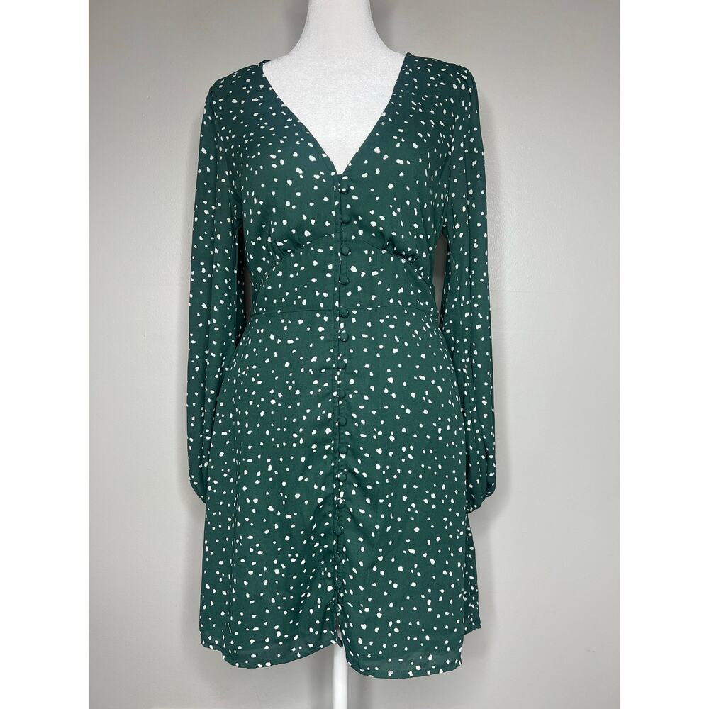 Abercrombie & Fitch Green Long Balloon Sleeve Mini Dress Polka Dot Button Size S